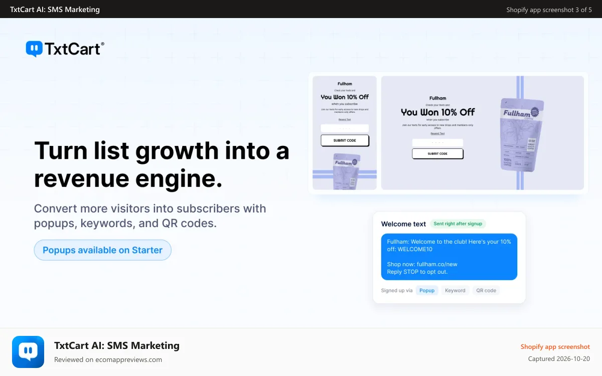 TxtCart AI: SMS Marketing Shopify app screenshot: SMS, MMS, SMS Marketing, Abandoned Cart, SMS Cart Recovery