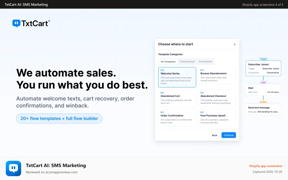 TxtCart AI: SMS Marketing Shopify app screenshot: SMS, MMS, SMS Marketing, Abandoned Cart, SMS Cart Recovery