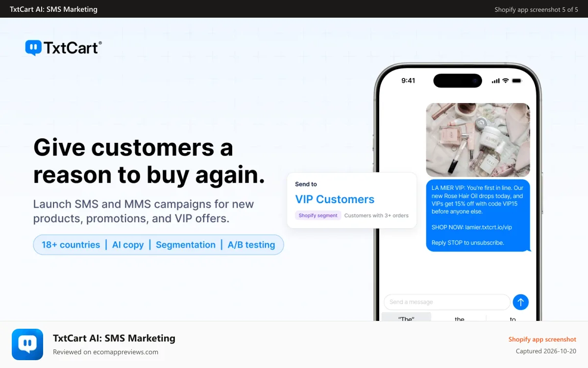 TxtCart AI: SMS Marketing Shopify app screenshot: SMS, MMS, SMS Marketing, Abandoned Cart, SMS Cart Recovery