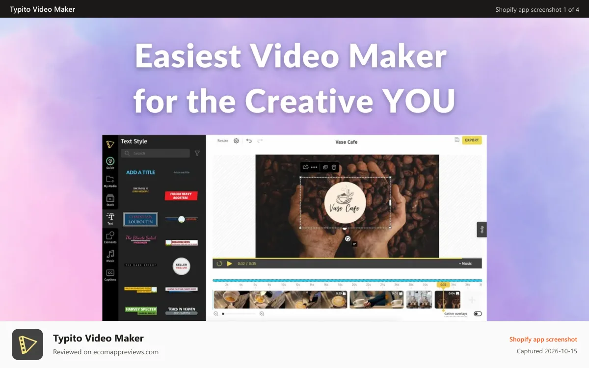 Typito Video Maker Shopify app screenshot: Create beautiful product videos with text