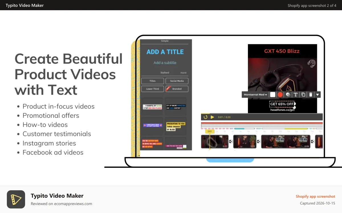 Typito Video Maker Shopify app screenshot: Typito's drag and drop style video maker