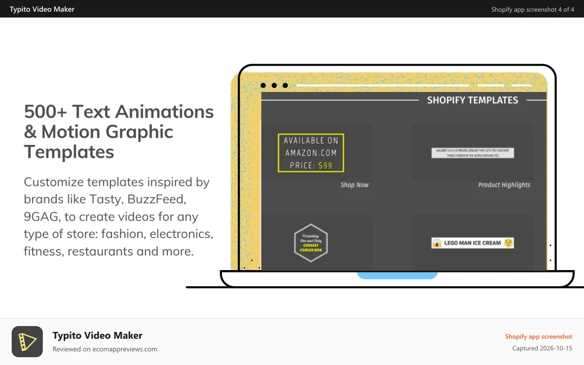 Typito Video Maker Shopify app screenshot: 500+ motion graphic templates to create product videos and ads