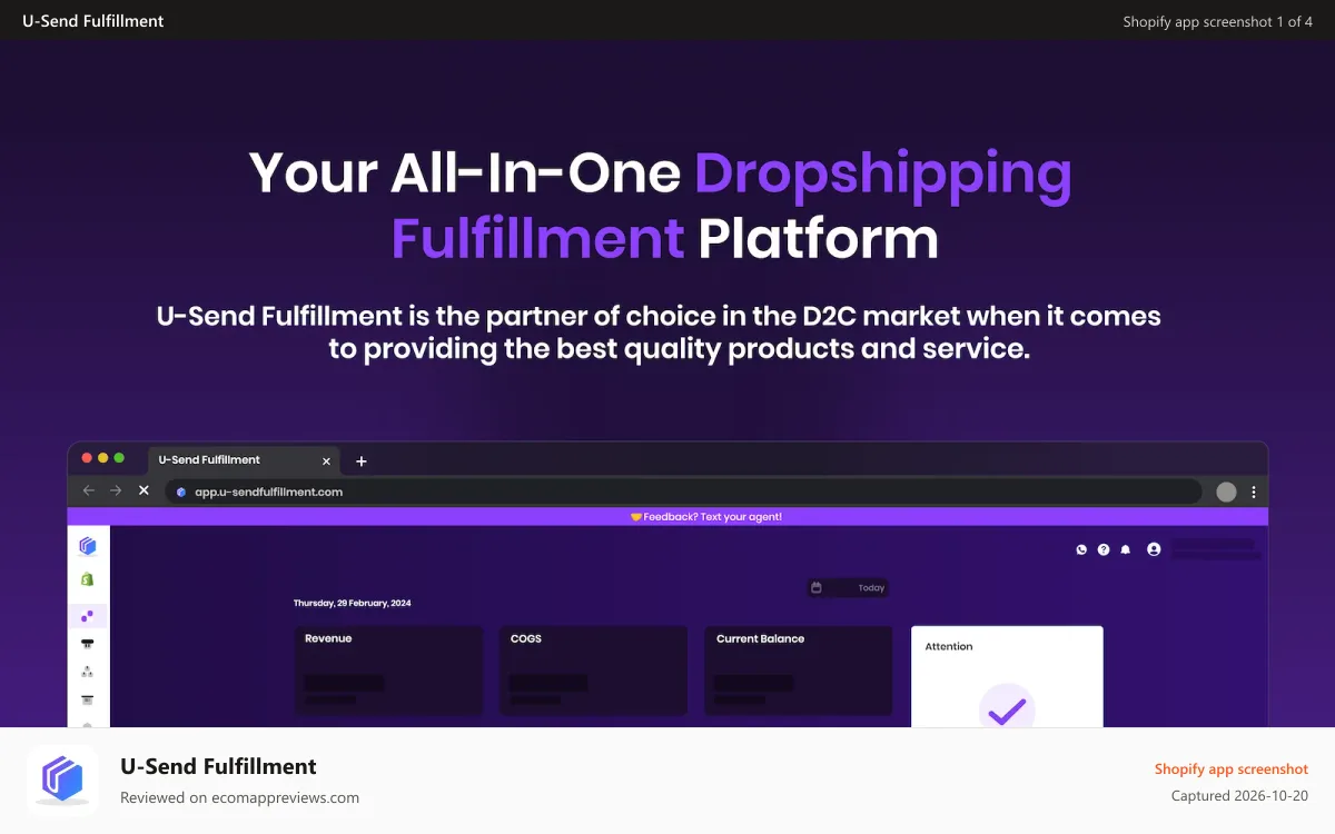 U‑Send Fulfillment Shopify app screenshot: U-Send Fulfillment Dashboard.