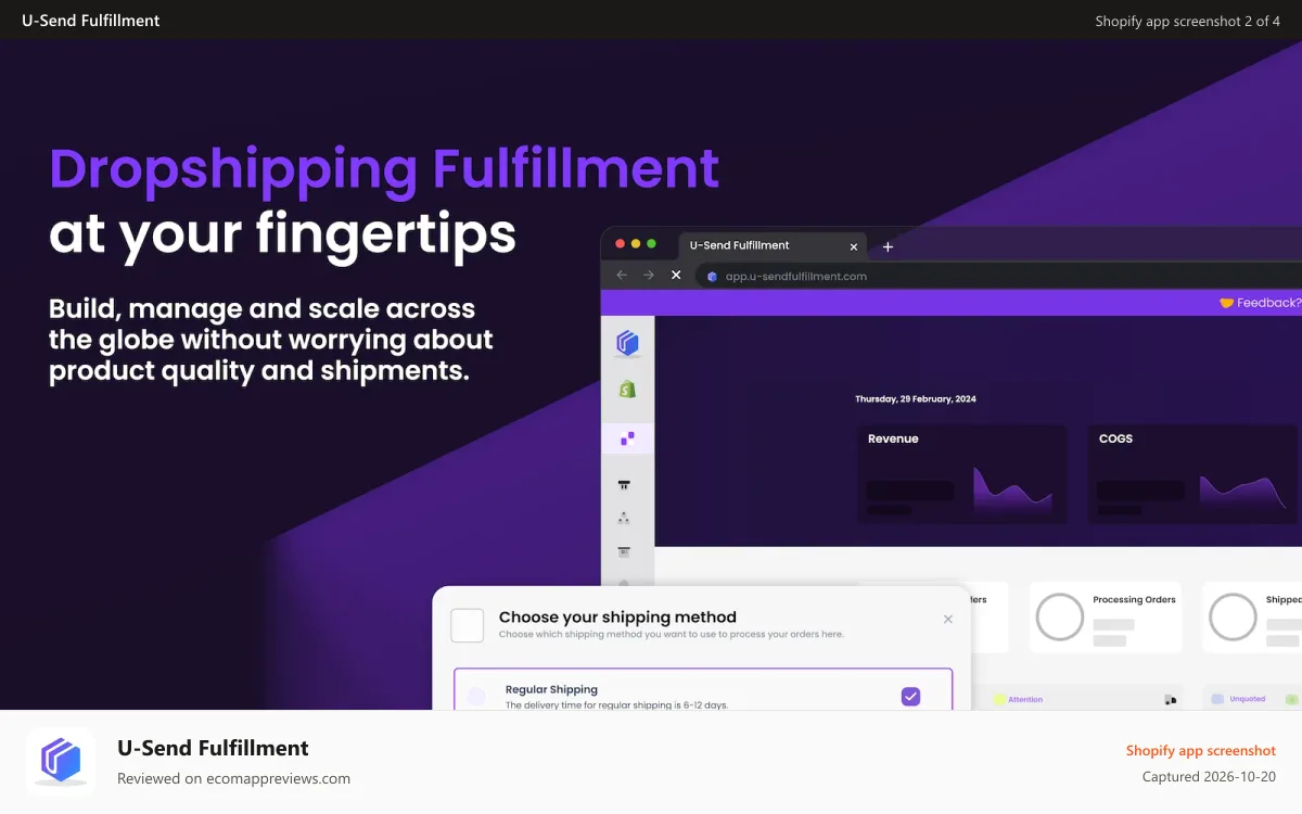 U‑Send Fulfillment Shopify app screenshot: Dropshipping Fulfillment at your Fingertips.