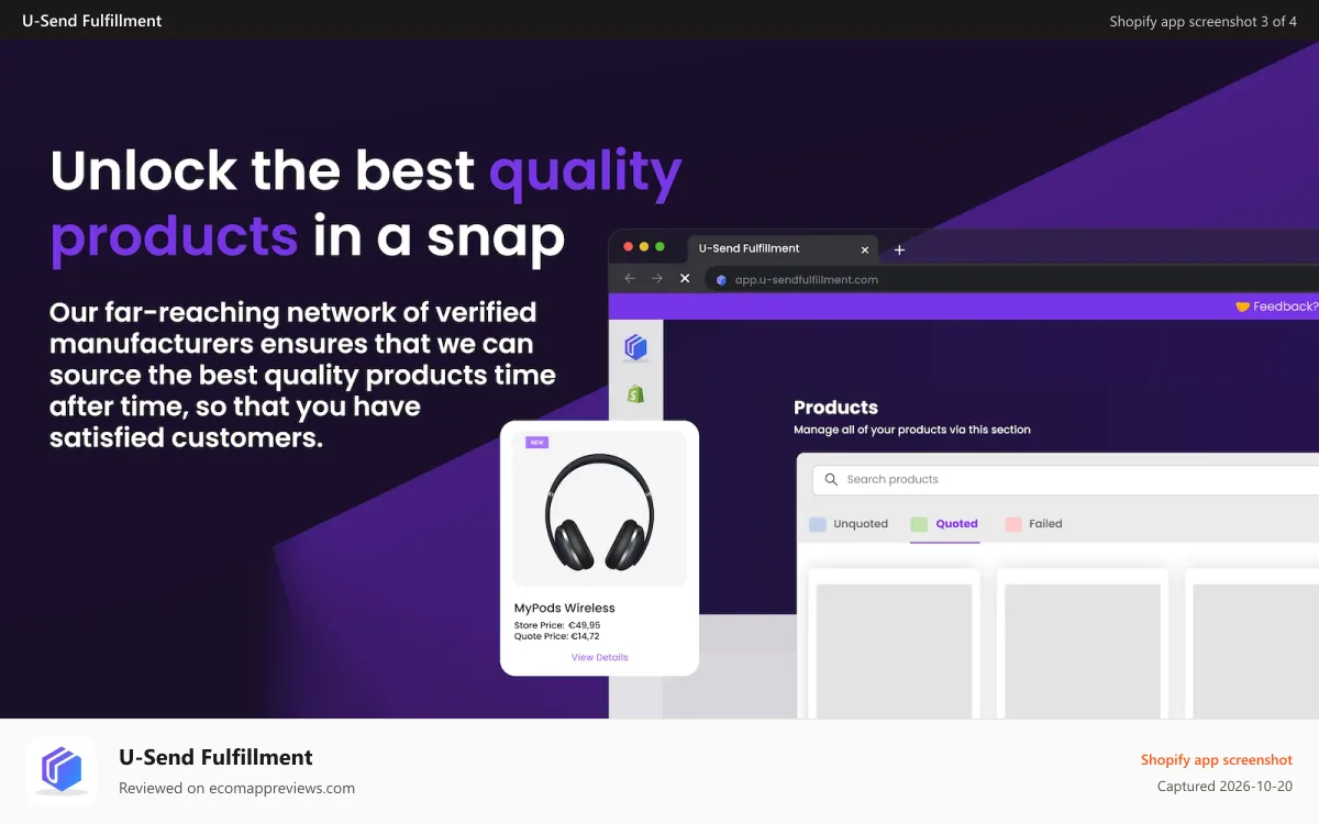 U‑Send Fulfillment Shopify app screenshot: Unlock the Best Quality Products in a Snap.