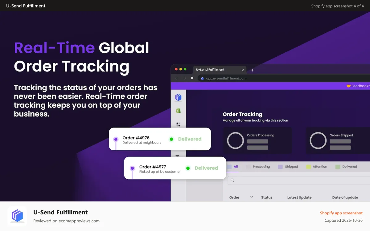 U‑Send Fulfillment Shopify app screenshot: Real-Time Global Order Tracking.