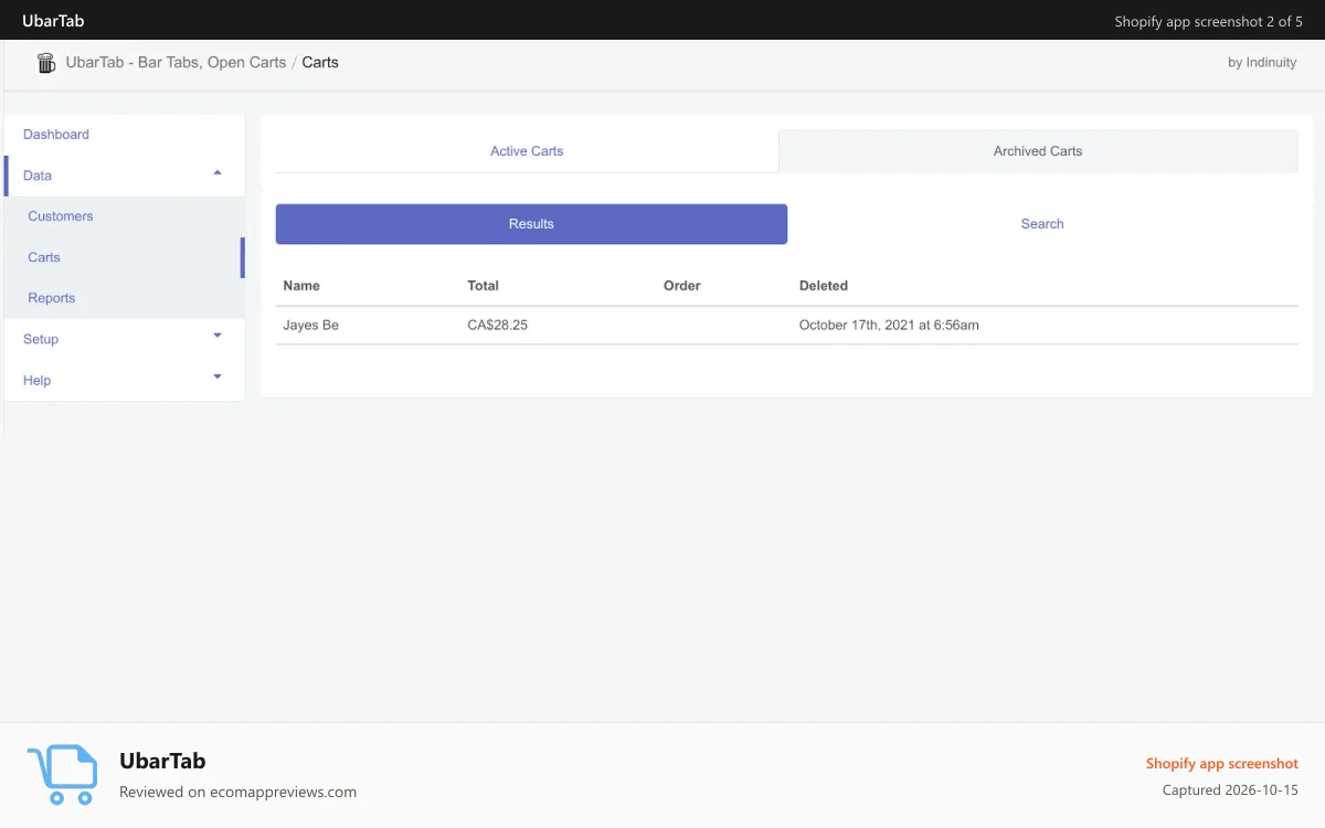 UbarTab Shopify app screenshot: Tab Data