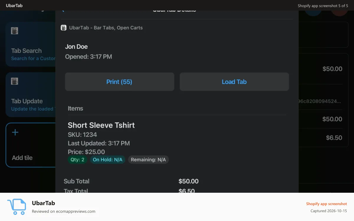 UbarTab Shopify app screenshot: Tab Details