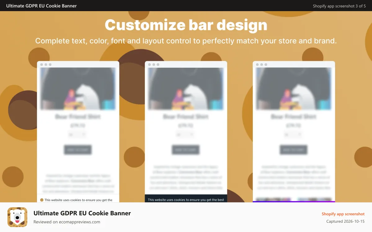 Ultimate GDPR EU Cookie Banner Shopify app screenshot: privacy banner, cookie, cookie consent, eu cookie bar, gdpr