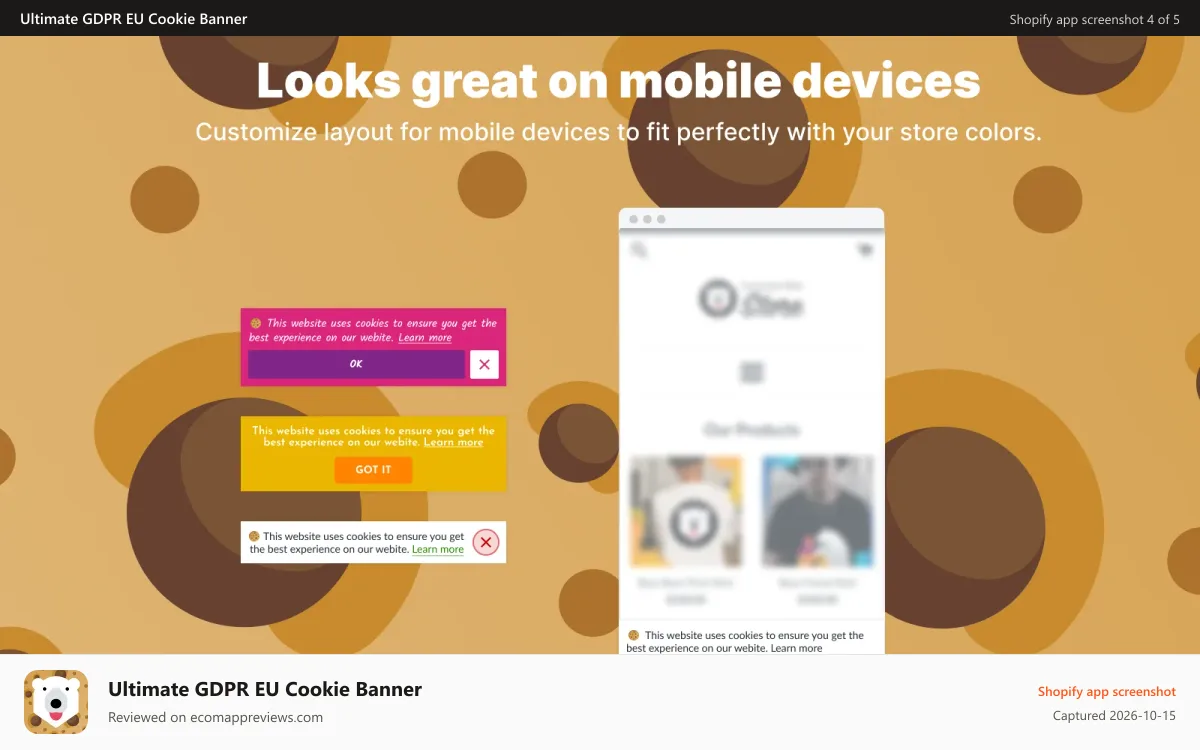 Ultimate GDPR EU Cookie Banner Shopify app screenshot: gdpr legal cookie, privacy policy, easy gdpr, gdrp, cookies