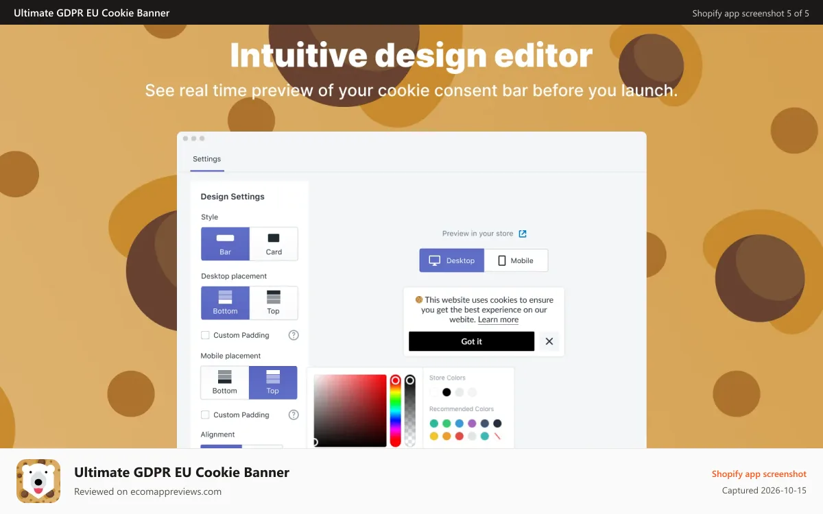 Ultimate GDPR EU Cookie Banner Shopify app screenshot: gdpr, cookies, cookie banner, privacy bear, privacy terms
