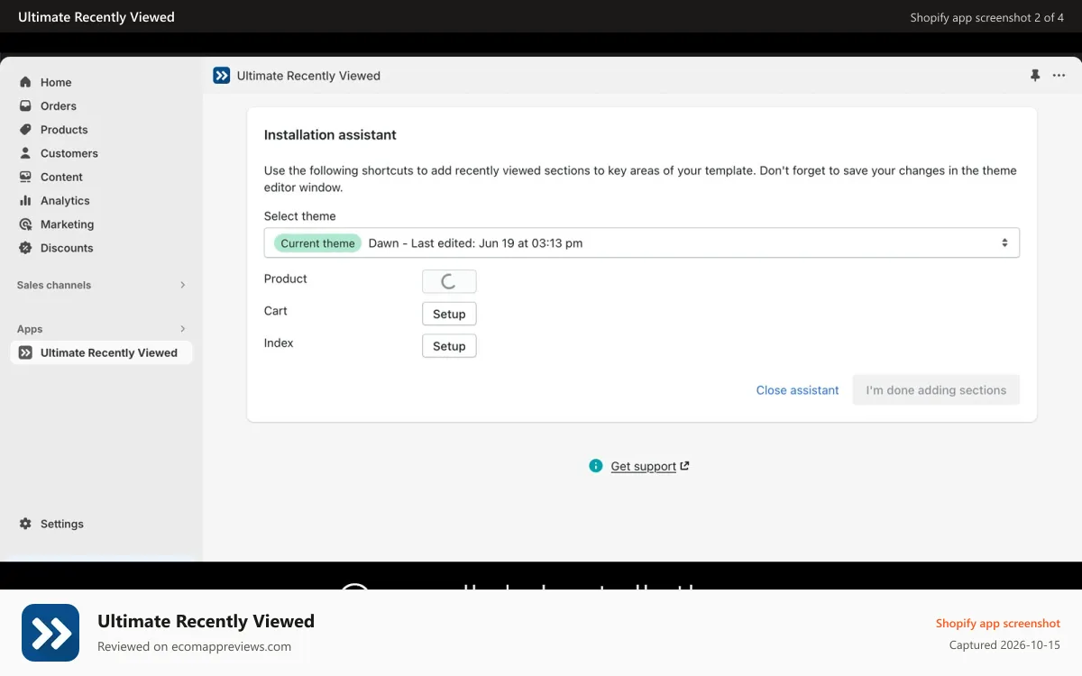 Ultimate Recently Viewed Shopify app screenshot: One click installation recently viewed products