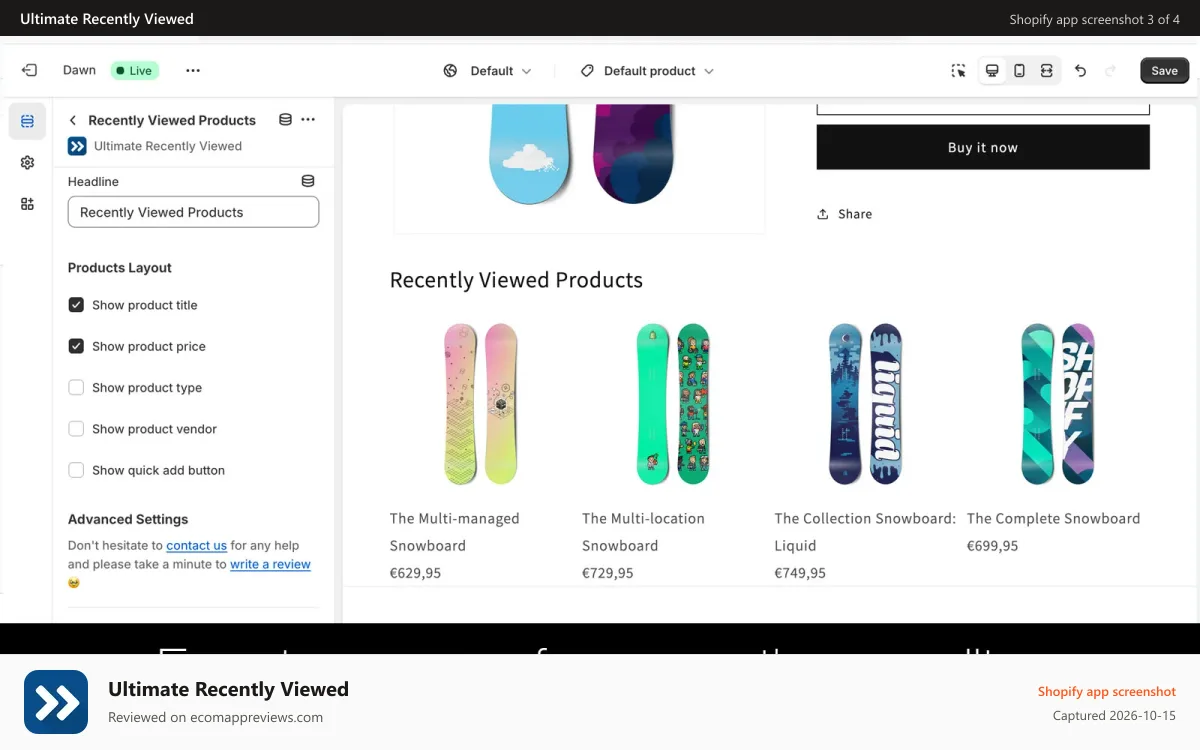 Ultimate Recently Viewed Shopify app screenshot: Easy to manage from your theme editor