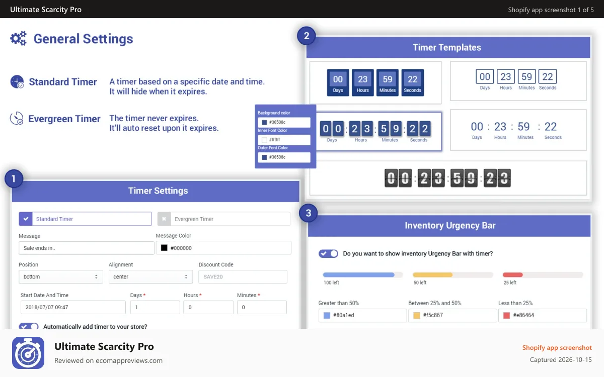 Ultimate Scarcity Pro Shopify app screenshot: scarcity timer, count down timer, sold stock and more
