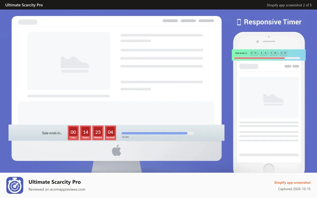 Ultimate Scarcity Pro Shopify app screenshot: standard and evergreen count down timer with responsiveness
