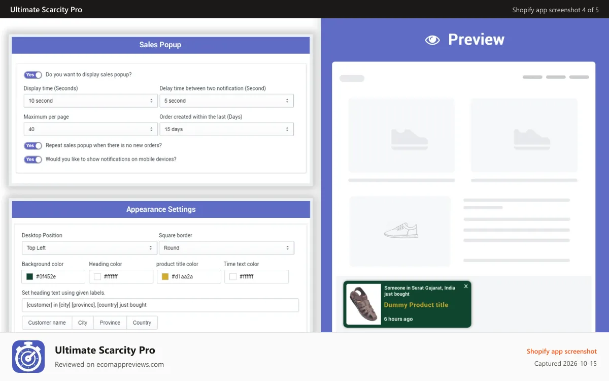 Ultimate Scarcity Pro Shopify app screenshot: sales pop, show recent sold items, recent order