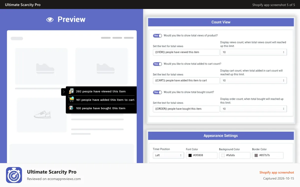 Ultimate Scarcity Pro Shopify app screenshot: widget to display total number of sold, add to cart & views