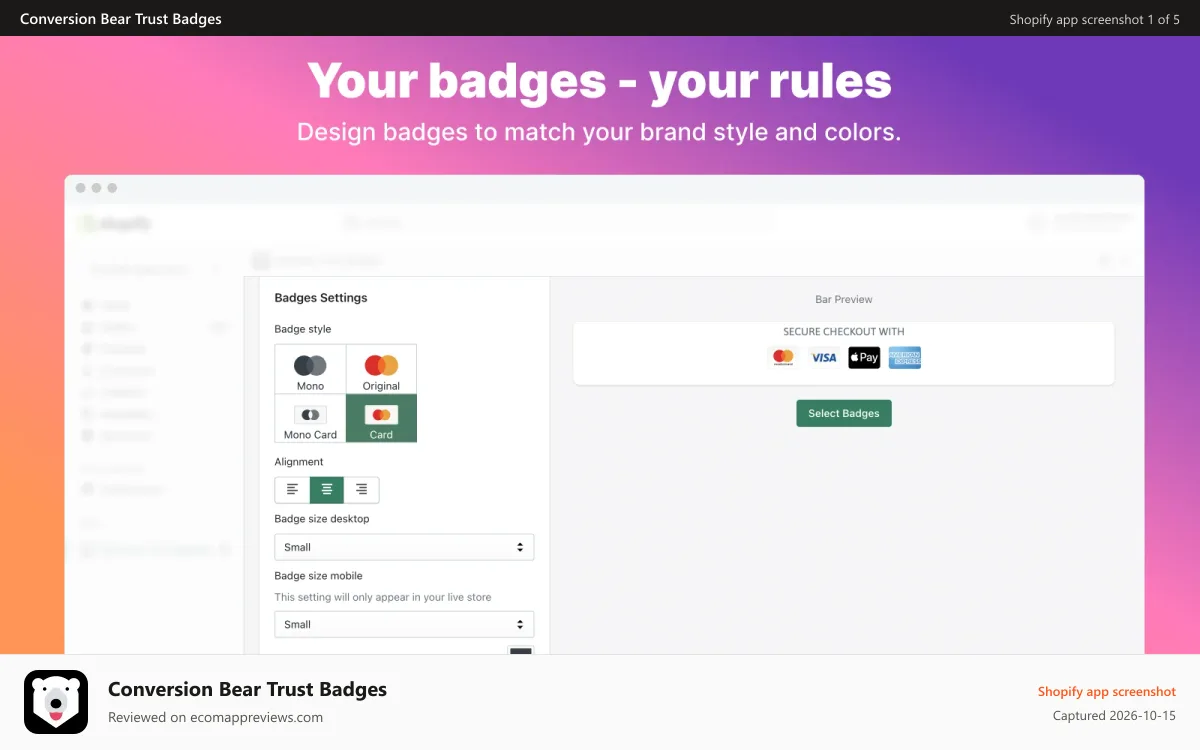 Conversion Bear Trust Badges Shopify app screenshot: Conversion bear ultimate trust badges shopify app