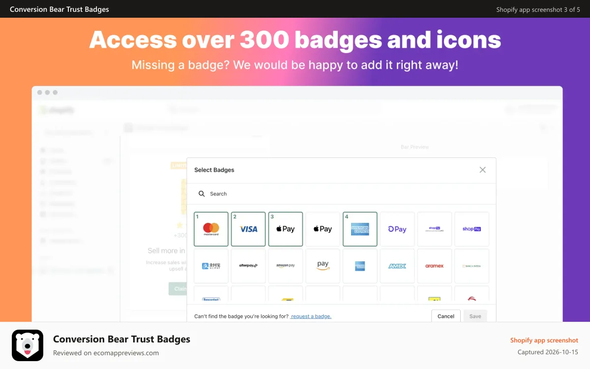 Conversion Bear Trust Badges Shopify app screenshot: payment icons, payment badges, accepted payments, trust badges