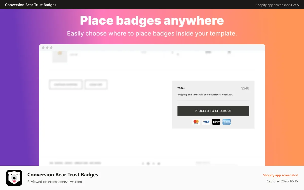 Conversion Bear Trust Badges Shopify app screenshot: free trust badges, badge de confiance, trust me, trusted, badge