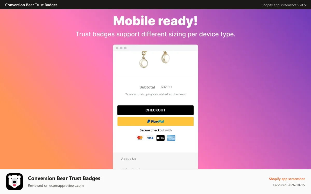 Conversion Bear Trust Badges Shopify app screenshot: payments icon, verified, secure payment, trust badges, icons