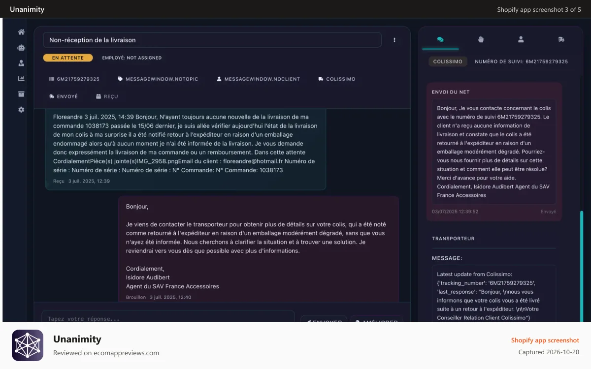 Unanimity Shopify app screenshot: AI-managed returns and refunds flow in a single interface
