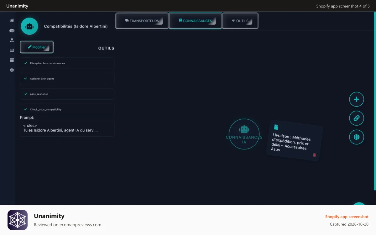 Unanimity Shopify app screenshot: Setup for PDF and URL-based knowledge retrieval in the dashboard