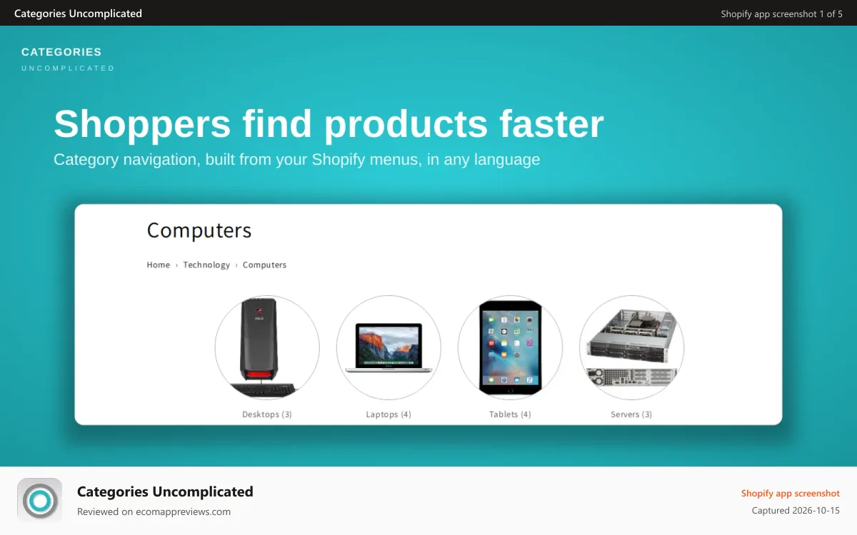 Categories Uncomplicated Shopify app screenshot: Category breadcrumbs and sub-category icons on a storefront