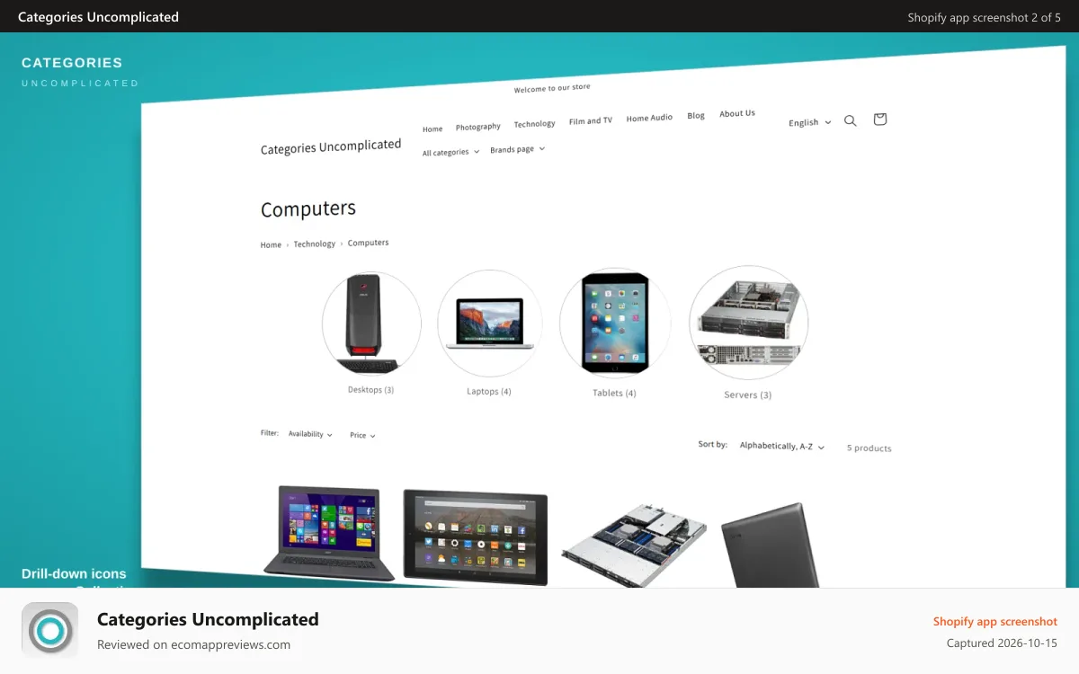 Categories Uncomplicated Shopify app screenshot: Sub-category drill-down icons on a collection page