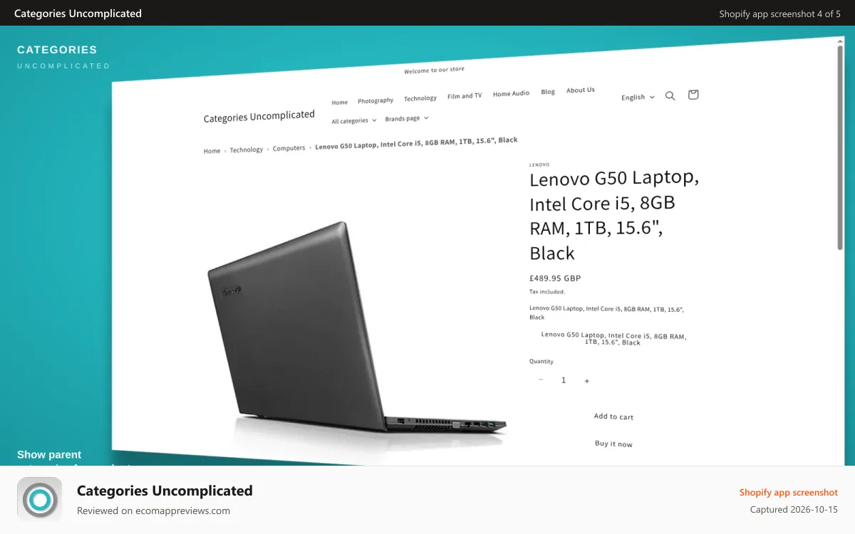 Categories Uncomplicated Shopify app screenshot: Category breadcrumb with JSON-LD on a product page