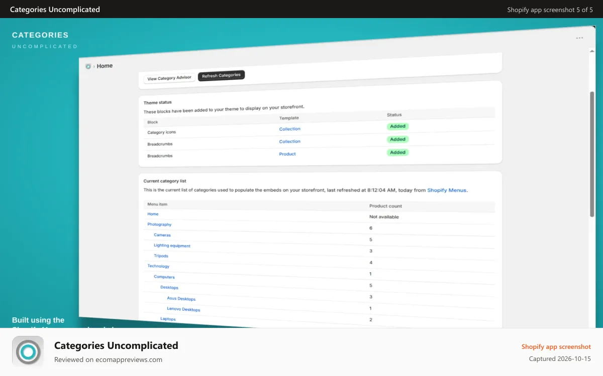 Categories Uncomplicated Shopify app screenshot: Category list built from your existing Shopify menus
