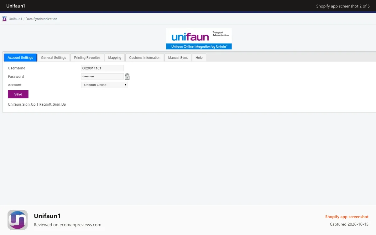 Unifaun1 Shopify app screenshot: Account Settings