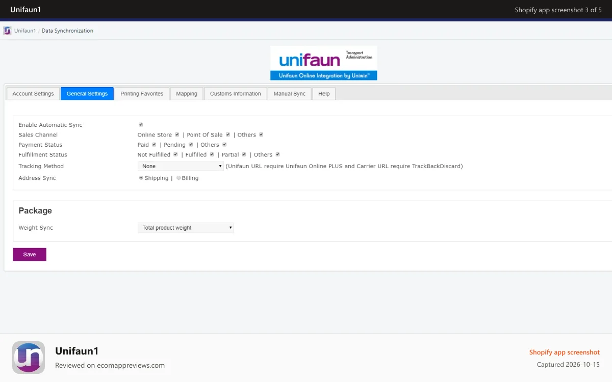 Unifaun1 Shopify app screenshot: General Settings
