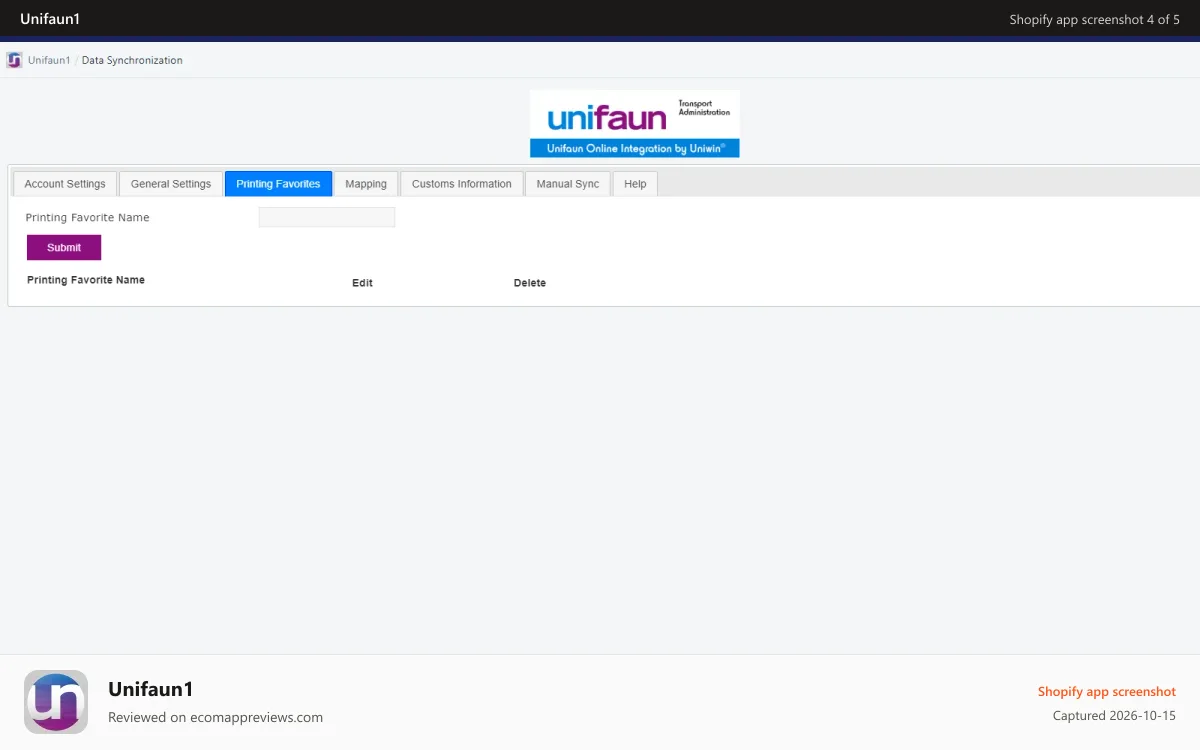 Unifaun1 Shopify app screenshot: Printing Favorites