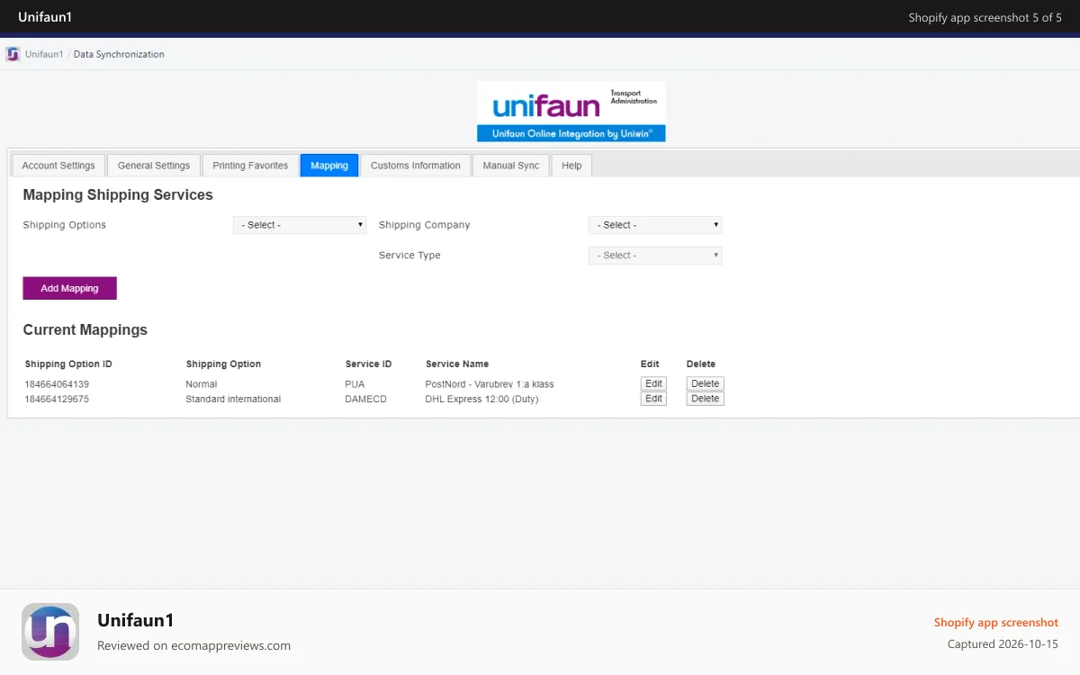 Unifaun1 Shopify app screenshot: Mapping