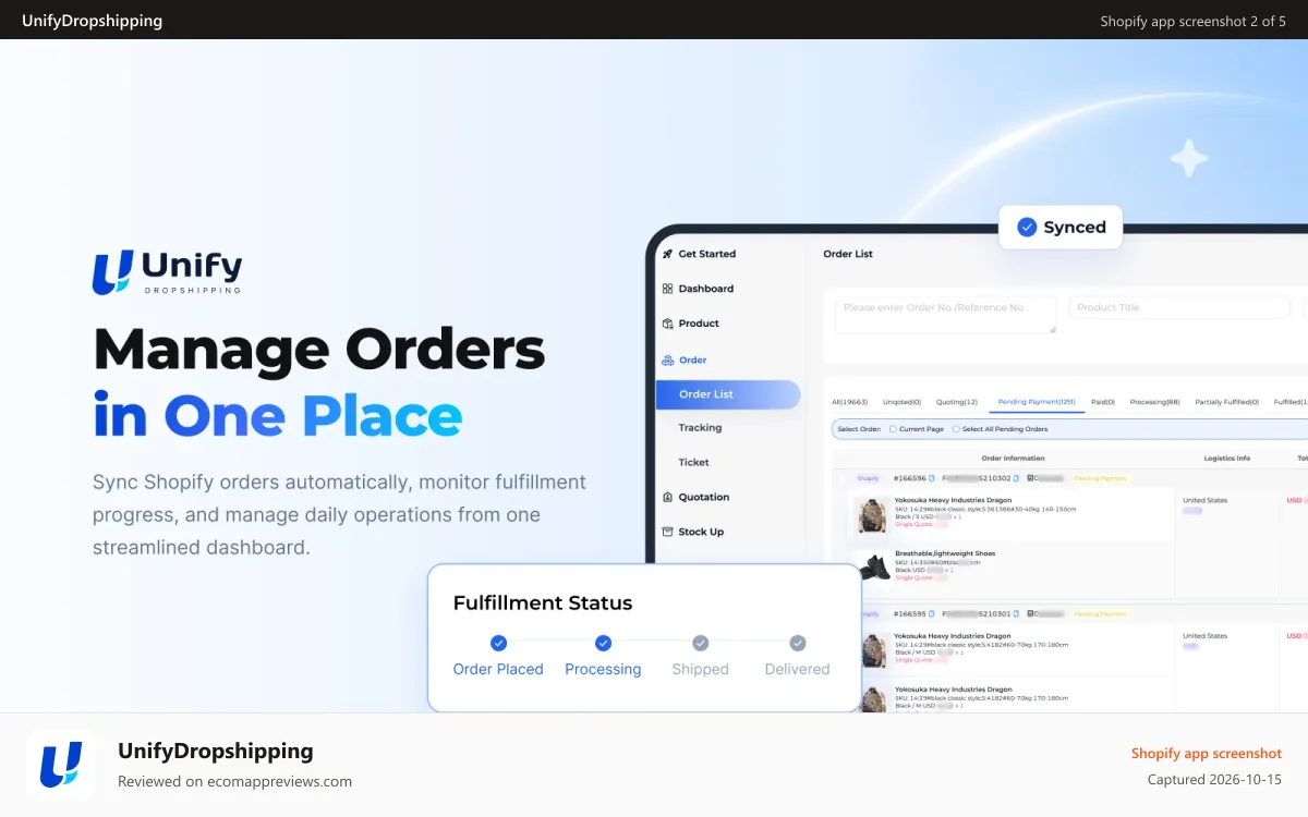UnifyDropshipping Shopify app screenshot: Manage Shopify orders and fulfillment from one dashboard