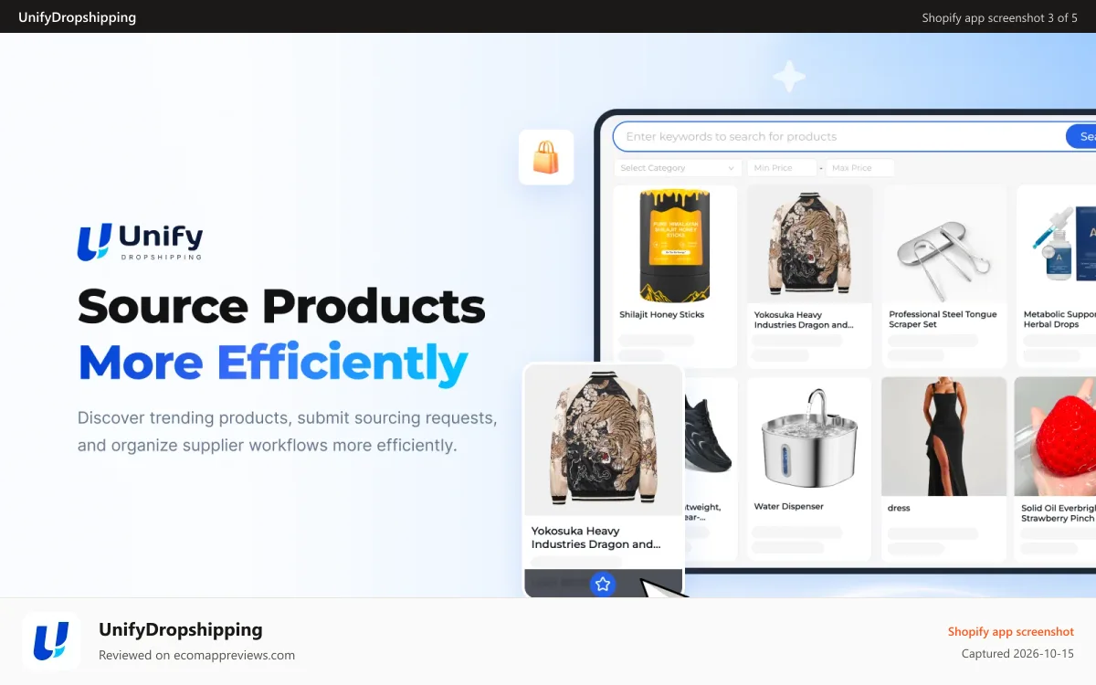 UnifyDropshipping Shopify app screenshot: Source products efficiently with streamlined supplier workflows
