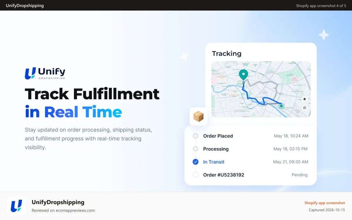 UnifyDropshipping Shopify app screenshot: Track fulfillment and shipping updates in real time