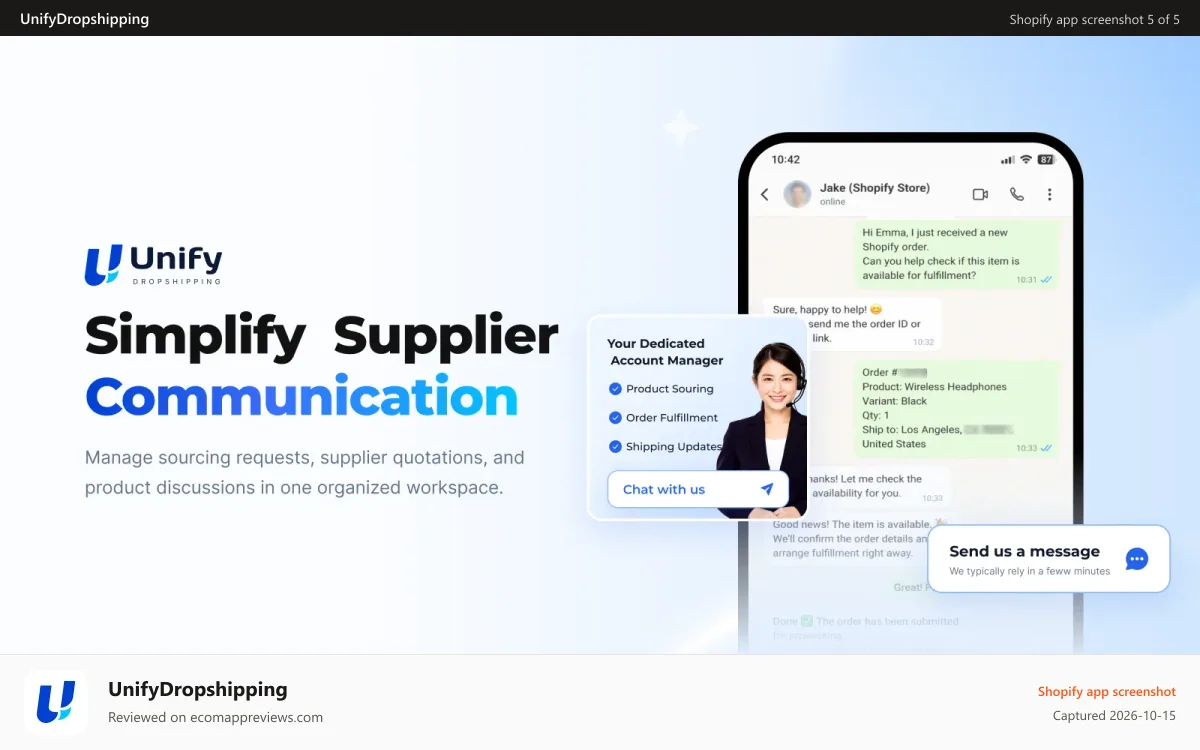 UnifyDropshipping Shopify app screenshot: Simplify supplier communication and sourcing workflows
