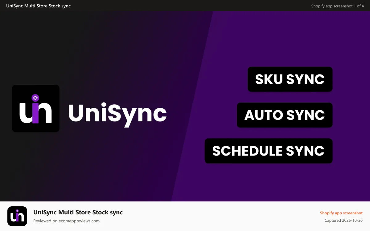 UniSync Multi Store Stock sync Shopify app screenshot: UniSync Inventory: Sync inventory between multiple Shopify store