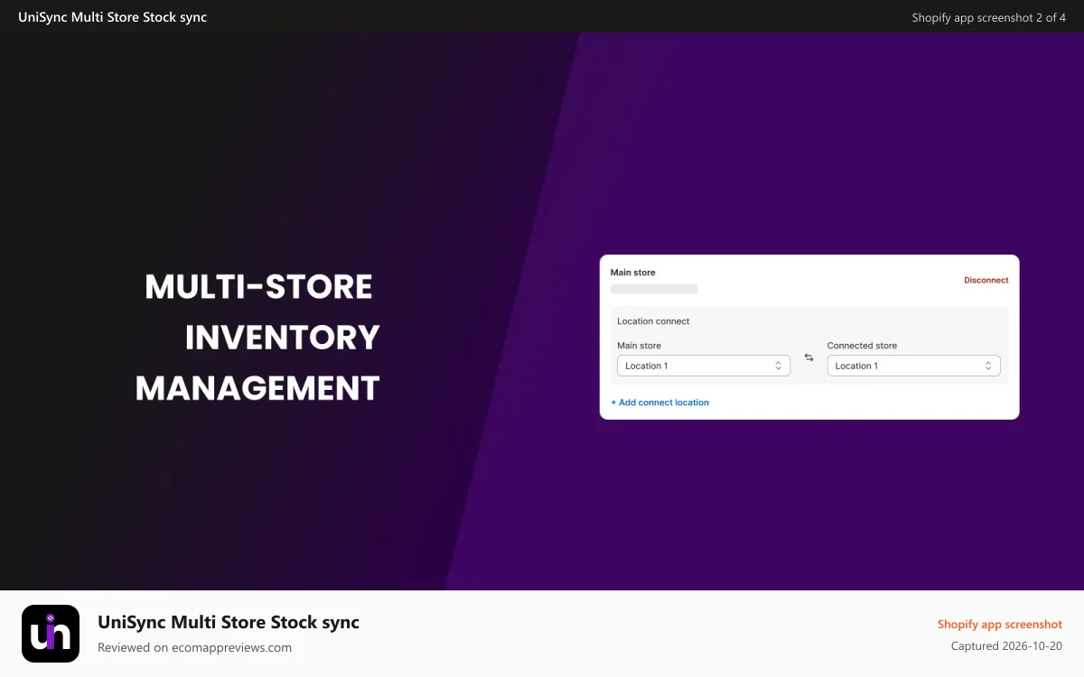 UniSync Multi Store Stock sync Shopify app screenshot: Automatic sync inventory between multiple stores, stock sync