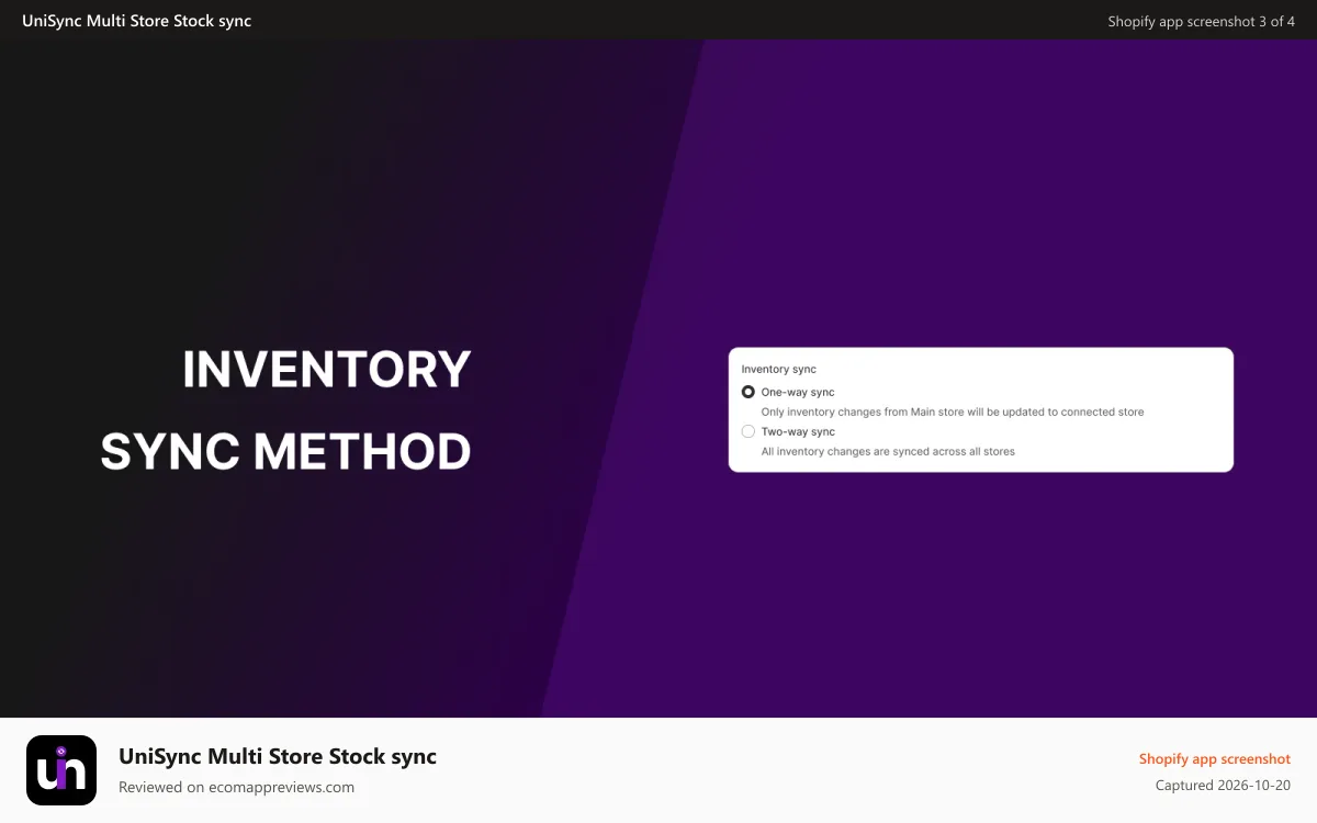 UniSync Multi Store Stock sync Shopify app screenshot: One-way or two-way sync between main and connected stores