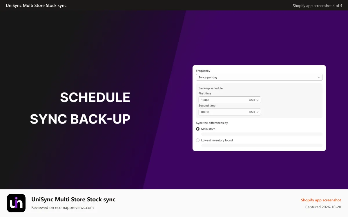 UniSync Multi Store Stock sync Shopify app screenshot: Schedule backup sync to ensure accurate inventory levels