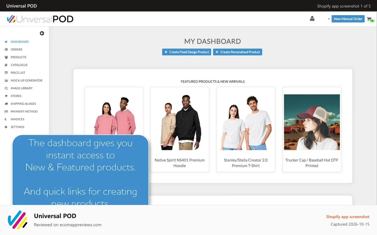 Universal POD Shopify app screenshot: The App Dashboard