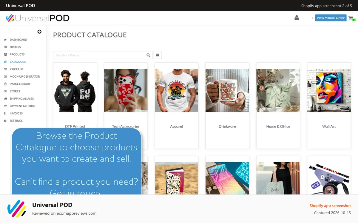Universal POD Shopify app screenshot: Product Catalogue