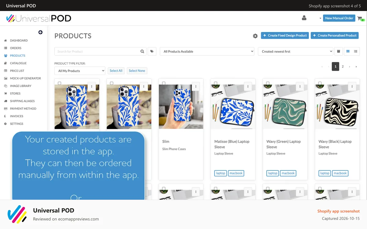 Universal POD Shopify app screenshot: Save your created products in the app