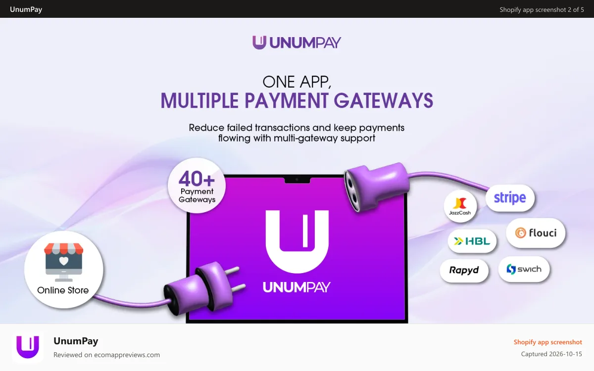 UnumPay Shopify app screenshot: What is UnumPay? multiple payment gateways integrations.