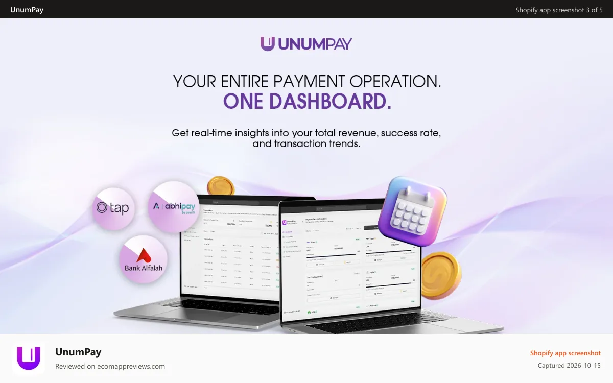 UnumPay Shopify app screenshot: Paid order reporting on payment dashboard.