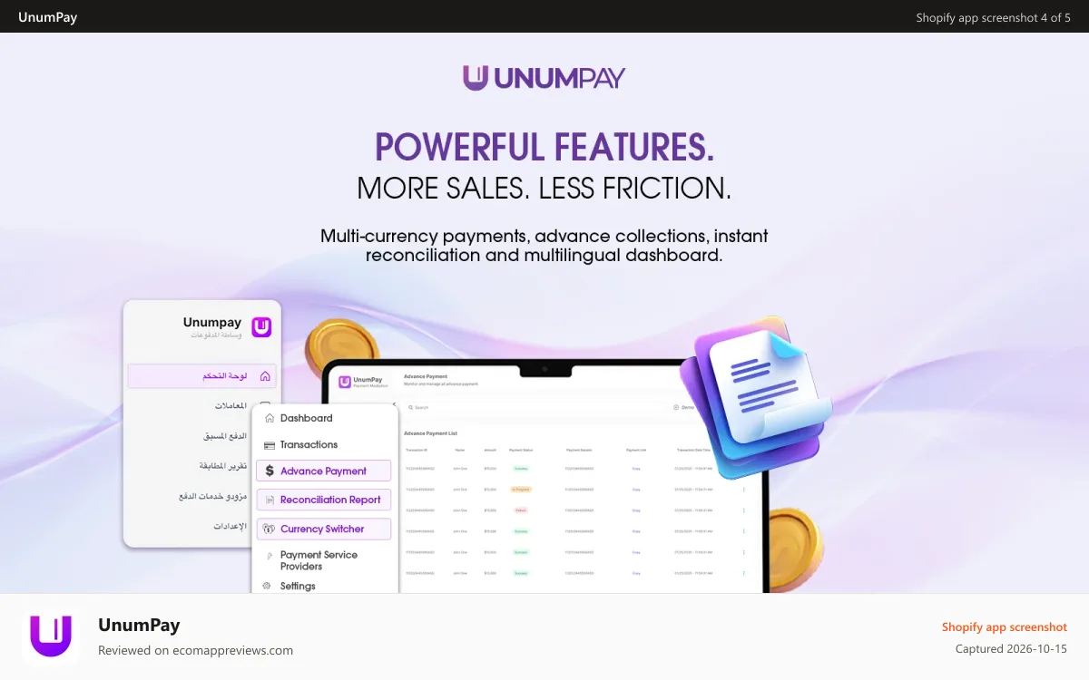 UnumPay Shopify app screenshot: Powerful features for payments acceptance.