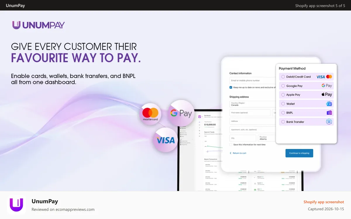UnumPay Shopify app screenshot: Online payments acceptance options.
